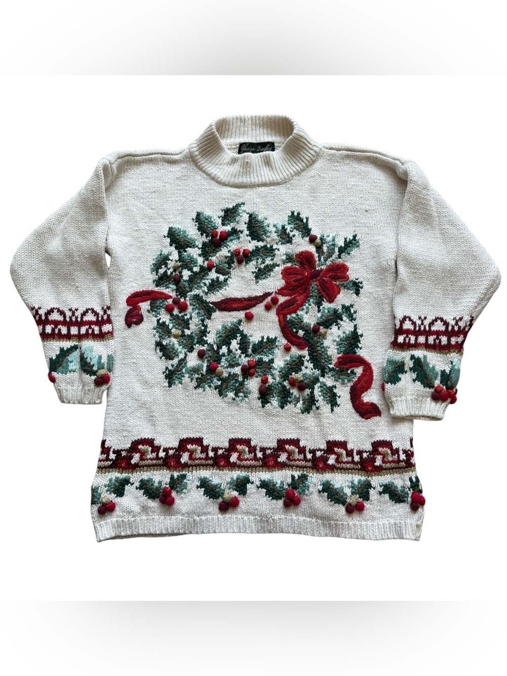 Vintage Gladys Bagley Christmas Sweater M 3D Wreath Holly Berries Ramie Cotton